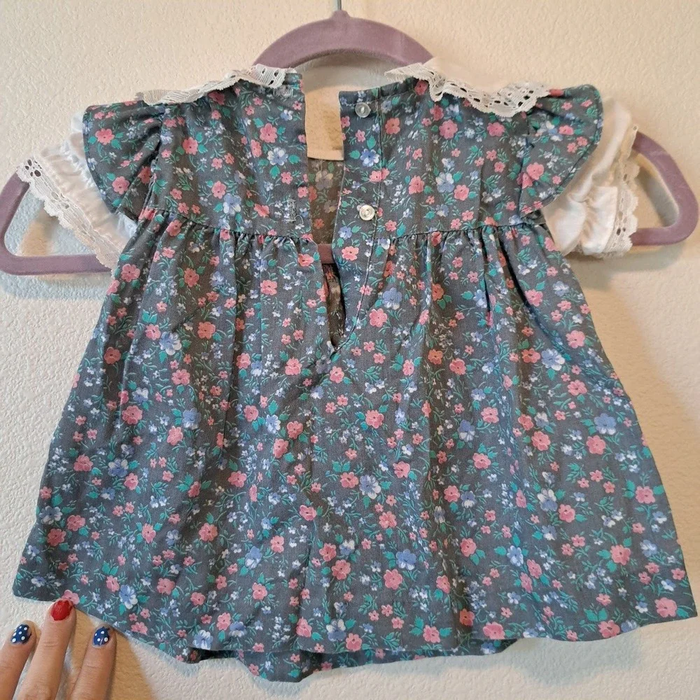 Vintage Sears Infant Girls Floral Lace Bib Dress Gray Pink Blue 12 Months USA